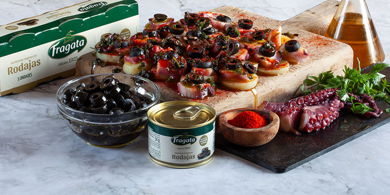 Ensalada templada de pulpo y patatas con aliño de aceitunas negras Fragata